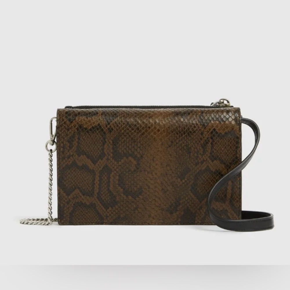 New All Saints Claremount Leather Chain Snake Crossbody Bag In Light Olive